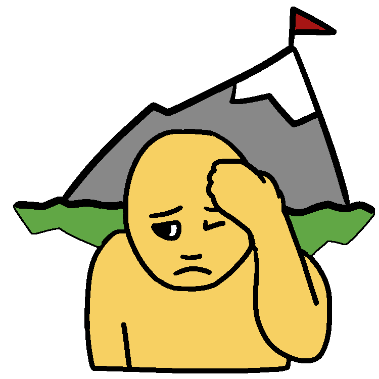 A drawing of a person cringing with one hand on their head and a mountain with a flag at the peak above them.